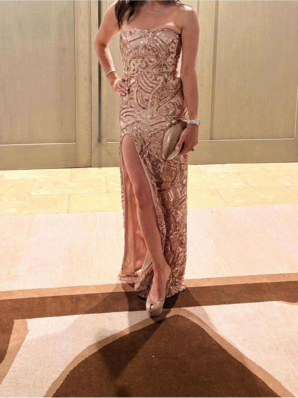 Nookie Strapless Sequin Evening Gown in Rose Gold